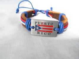 Puerto Rico Brown Leather Metal Flag Heritage Red White and Blue Cord Bracelet - £3.98 GBP