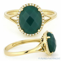 2.51 ct Checkerboard Oval Green Agate Diamond Halo Cocktail Ring 14k Yellow Gold - £396.09 GBP