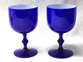 Vintage COLONY GLASS 8 Ounce Goblet 5.75&quot; Cobalt Blue Wafer Stem  - Pair... - $16.62