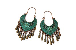 Gypsy Boho Earrings, Tassel Floral Hoops, Verdigris Patina Earrings - £13.36 GBP