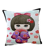 Cute Japanese Girl Wearing Kimono and Folding Fan Cushion Cover - $294.80 MXN