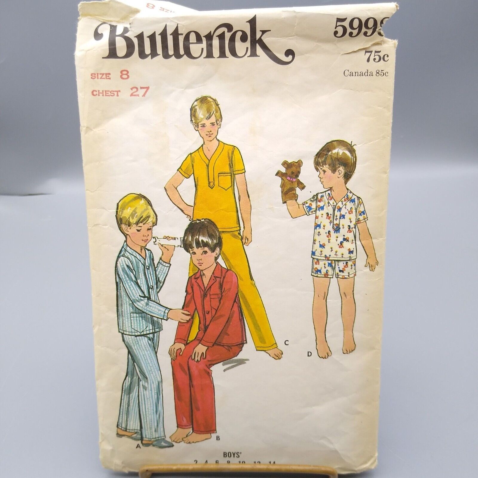 Vintage Sewing PATTERN Butterick 5998, Boys 1970 Childrens Pajamas, Child Size 8 - $7.85