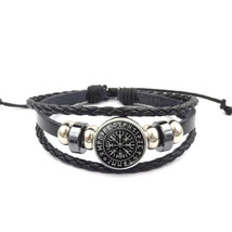 Vegvisir Viking Compass Leather Bracelet Men Warrior Symbol Rune Amulet Snap But - £9.77 GBP