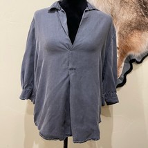 Charcoal Zara Woman Chambray Denim Tencel 3/4 Sleeve Top Small - $16.70