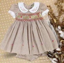 Brown Gingham Smocked Embroidered Baby Girl Dress. Toddler Girls Birthday Dress - £31.96 GBP