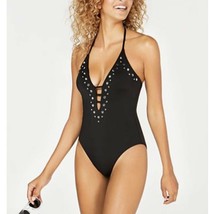 Bar III Swimsuit Nailheads Studded Size Medium Black Plunge Halter Womens NEW - £35.61 GBP