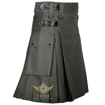 Olive Green Cotton Scottish utility kilt Two Cargo Pockets Leather Strap kilt  - £39.83 GBP