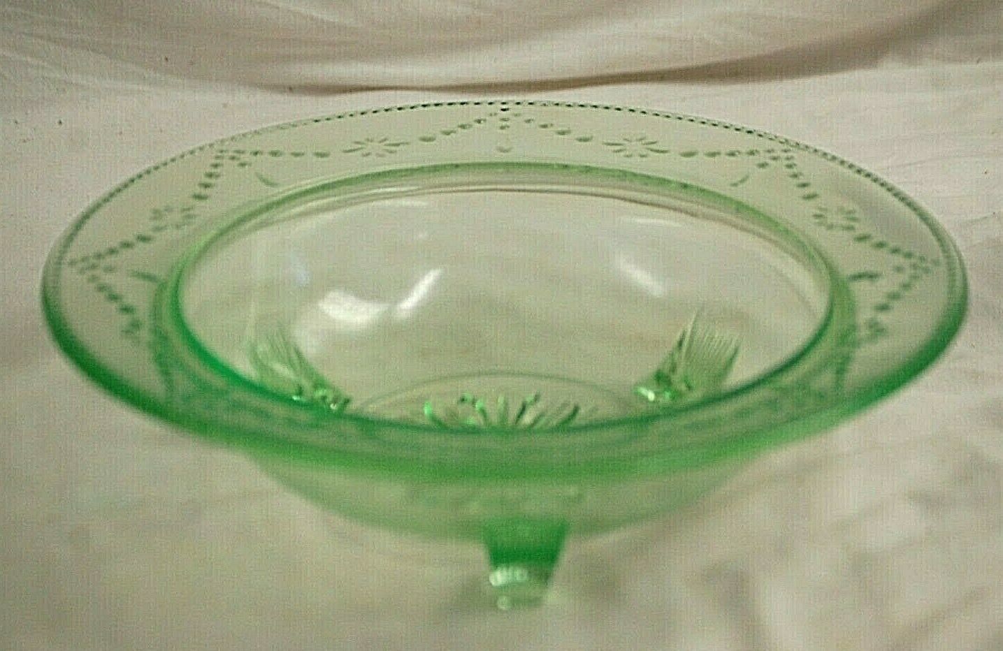Green Depression US Glass Serving Bowl Legged Floral Swag Beaded Art  Glassware