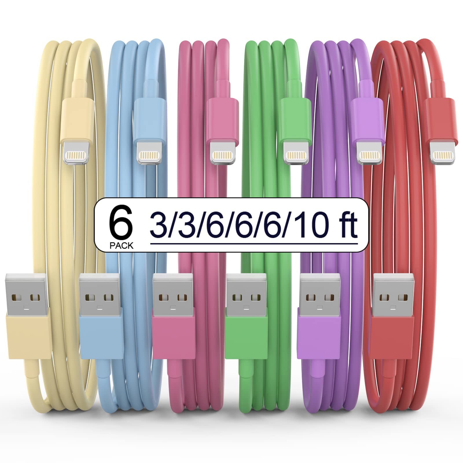 [Apple MFi Certified] iPhone Charger, 6Pack(3/3/6/6/6/10 FT) Lightning Cable Ap