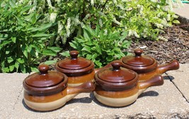 Set of 4 Vintage French Onion Soup Crocks Handled Bowls with Lids Brown Glazed - £19.81 GBP