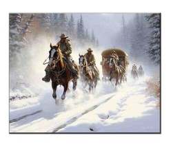 Giclee Snowy Day Brave Wild West Cowboy Riding Horse-Drawn Carriage - Wall Décor - £6.89 GBP+