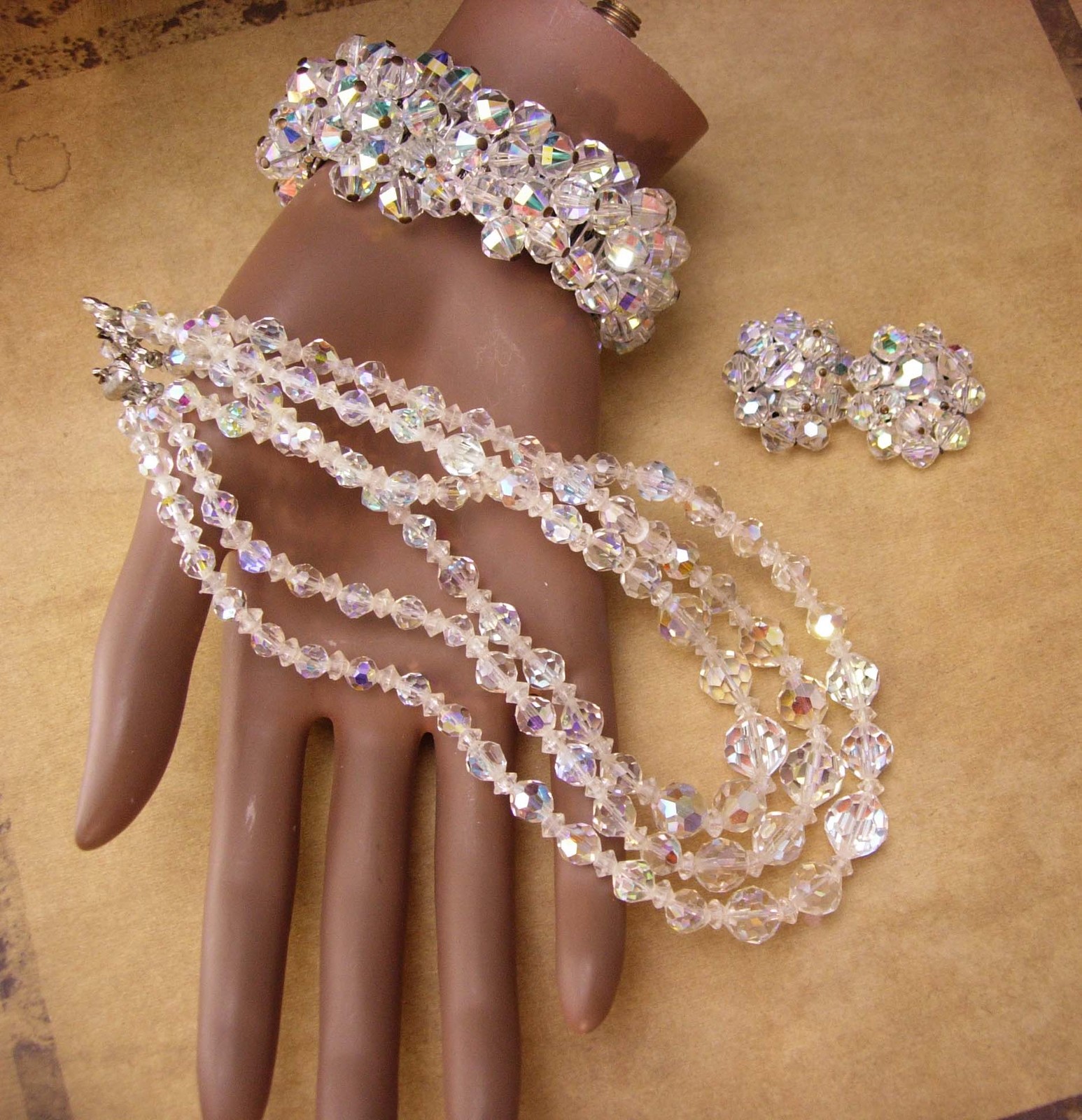 Primary image for 1950s Aurora Borealis crystal necklace set - Glitzy big wide bracelet - clip on 