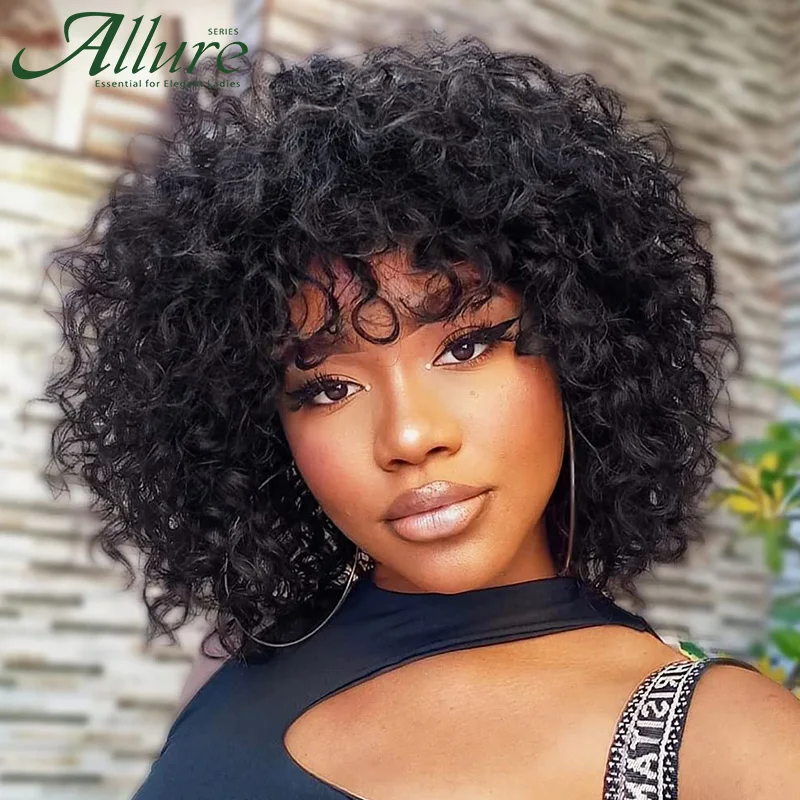 Natural Jerry Curly Wig With Bangs Human Hair Wigs Black Women Short Color - £24.58 GBP+