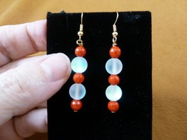 (EE390-21) Moonstone glass + Red Mother of Pearl gemstone dangle gold earrings - £12.48 GBP