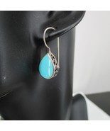 925 Vintage Sterling Silver Blue Stone Teardrop Filigree Hook Earrings - $23.74
