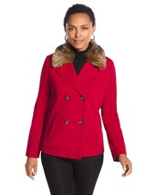Chicos Faux Fur Red Pea Coat Jacket Cross Button Lined Long Sleeve, Size L - $596.41 MXN