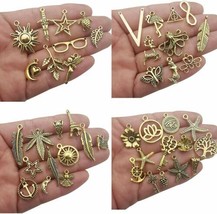 10 Assorted Charms Antique Gold Tone Mixed Pendants Jewelry Making Supplies - £3.28 GBP