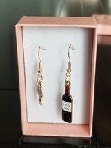 1 Pair of Metal Super Fun Wine Glass And Bottle Dangle Earrings For Any Occasion - £6.38 GBP