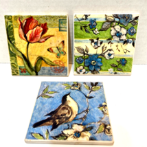 Vintage Ceramic Handpainted Drink Coasters Cork Back Flowers Bird Butter... - $14.58