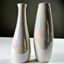 Set Of 2 White Iridescent Carnival Glass Vases Room Décor 8 in Light Pin... - £23.50 GBP