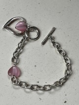 Silvertone Chain w Light Pink Moonglow Pink Heart Charm Bracelet – 7 inches in - £9.02 GBP