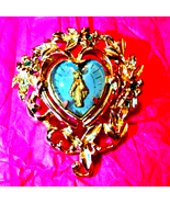 UNIQUE~VINTAGE~Mother Mary silver heart brooch 24 k gold filled in the m... - £29.58 GBP