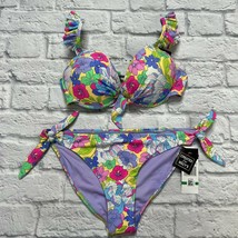 California Waves Juniors&#39; Boho Floral 2pc Bikini Ruffle Side Tie Underwi... - £30.49 GBP