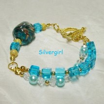 Aqua crystal gold glass pearl 2 strand gp bracelet thumb200