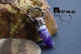 Copper electroformed necklace pendant with rough amethyst crystal dark black pat - £30.67 GBP