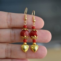 Handmade Red glass bead metal gold plated heart dangle earring - £12.39 GBP