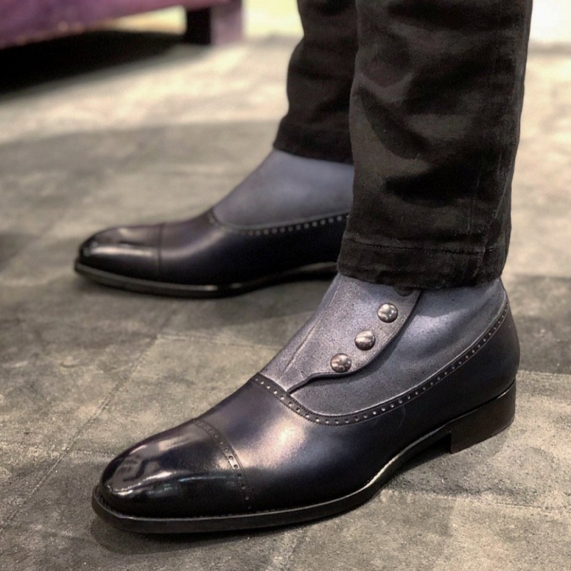 New Men's Handmade Ankle High Button Cap Toe Dress Boot, Black Grey Leather Boot