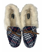 Womens Clarks Blue Plaid Moccasin Faux Fur Lined House Slippers Size 11 M - $34.64