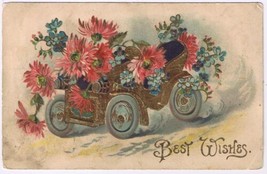 Postcard Embossed Best Wishes Car Full Of Flowers - £2.36 GBP