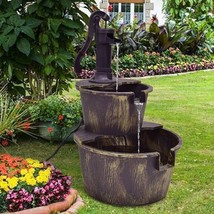 Outdoor 2-Tier Rustic Barrel Water Fountain with Submersible Pump - $3,189.71 MXN
