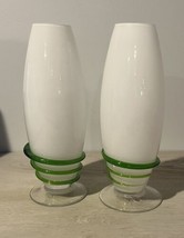 Pair of White/Green Swirl Milk Glass Bud Vases Champagne Flutes Blown Mu... - £15.50 GBP