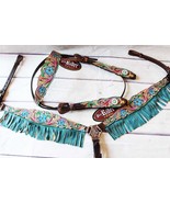 Horse Bridle Western Leather Headstall Breast Collar Turquoise Fring Tac... - $2,445.42 MXN