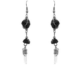 Wire Wrapped Tumbled Healing Stone Long Clear Quartz Crystal Point Dangle Earrin - £11.66 GBP