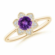 ANGARA Round Amethyst Cocktail Ring with Floral Diamond Halo in 14K Gold - £709.76 GBP