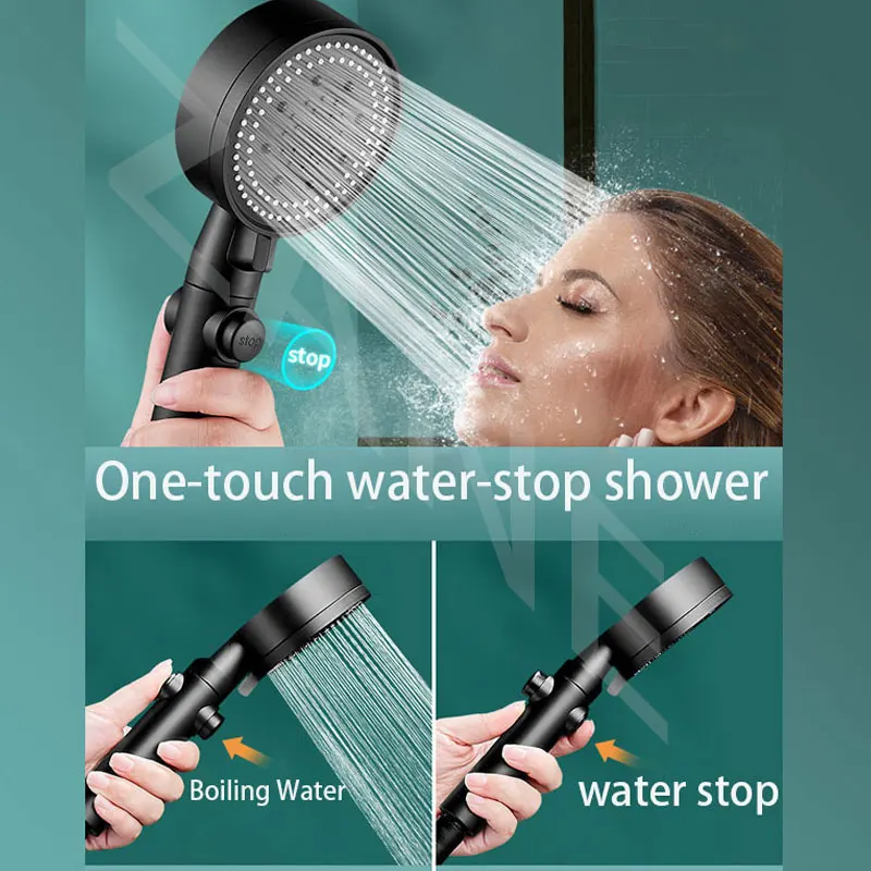 Des black shower head water saving high pressure turbo shower one key stop water shower thumb200