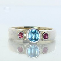 Cambodian Windex Blue Zircon Red Ruby Sterling Ring size 9 Unisex Design 162 - £74.82 GBP