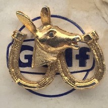 Democrat Donkey Gulf Oil Pin Vintage Gold Tone Horse Shoe Good Luck 1960s - $11.95