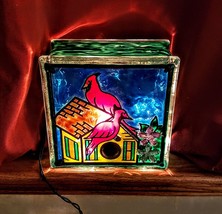 Light Up Glass Block Artisan Painted Plug In Red Cardinal Bird House Beautiful - £27.57 GBP