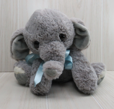 Aurora gray baby elephant plush stuffed animal toy blue bow ribbon sitting - £12.26 GBP