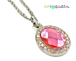 Swarovski Element Crystal New Pink Rose Oval Pendant Silver Necklace Women Gift - $9,999.00