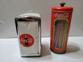 Vintage Coca Cola Napkin Holder With Napkins And A Straw Holder. Two Pieces. - £22.15 GBP