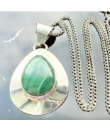 VINTAGE 925 STERLING SILVER TEARDROP SHAPED  18x13 mm. MALACHITE NECKLACE - $58.41