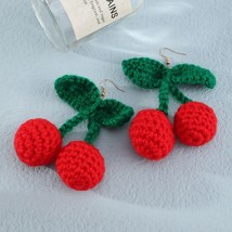 Cute Woolen Red Cherry Earrings for Women Korean Fashion Handmade Knitting Straw - £8.36 GBP