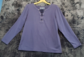 Karen Scott T Shirt Top Womens Size Medium Navy Knit Long Sleeve Lace Up V Neck - £10.70 GBP