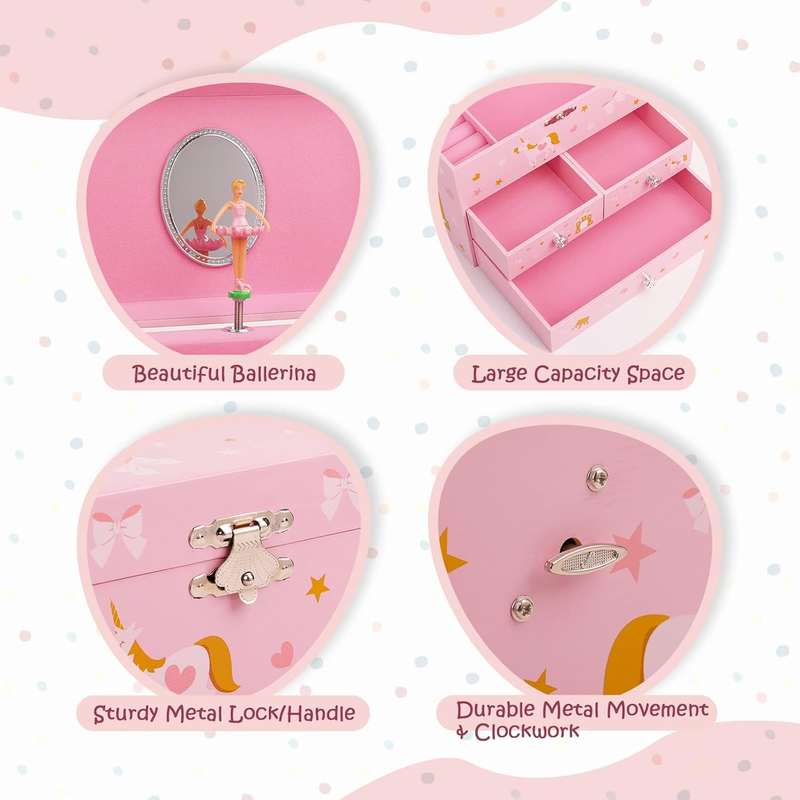 Musical Jewelry Box for Girls 8.07 X 5.12 X 6.14 with 3 Pullout Drawers Spinning Item image 3