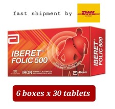 6 x 30&#39;s Abbott IBERET FOLIC 500 Iron Vitamin C, B Complex Including Folic Acid - £86.36 GBP